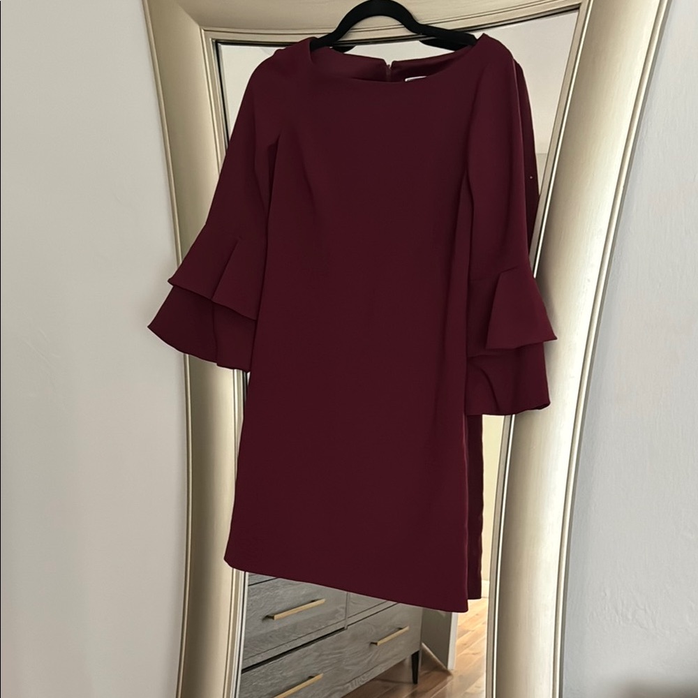 Burgundy shirt dress with bell sleeves